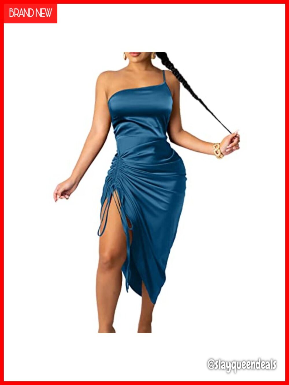 Satin Ruched Bodycon Dress One Shoulder Spaghetti Strap Cocktail Party Club